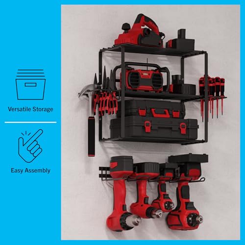 Power Tool Organizer - 4-Tier Garage Shelving Unit with 140lb Max Capacity - Wall Mount Garage Storage System for Tools by Stalwart - size: 4 Tier