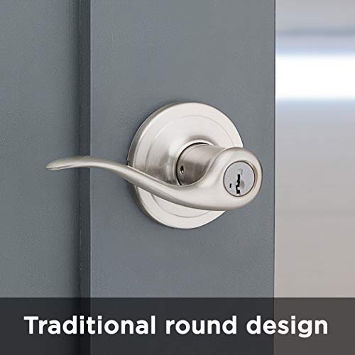 Kwikset Tustin Entry Door Handle with Lock and Key, Secure Keyed Reversible Lever Exterior, For Front Entrance and Bedrooms, Satin Nickel, Pick Resistant Smartkey Rekey Security and Microban