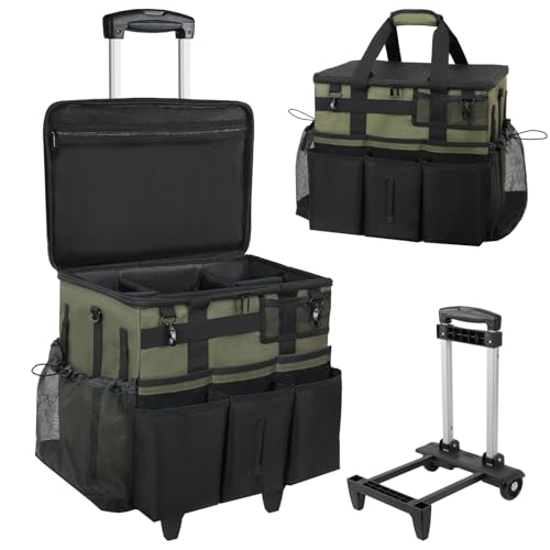 Rolling Cleaning Caddy Bag with Detachable Trolley, Large Cleaning Supplies Organizer with Wheels, Multi-Pocket Cleaning Cart with Adjustable Shoulder Strap for Housekeepers & Home Use, Armygreen - color: Armygreen