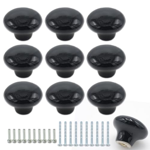 10-Pack Ceramic Cabinet Knobs Black 32mm Round Drawer Pull - color: Black
