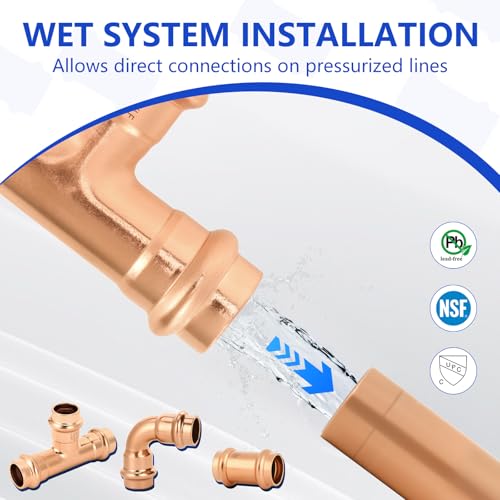 1/2" Copper Press Fittings Assortment Kit – 2 Tees, 3 Elbows, 5 Couplings |, Quick Press Copper Pipe Fittings for Plumbing Projects,10-Pack