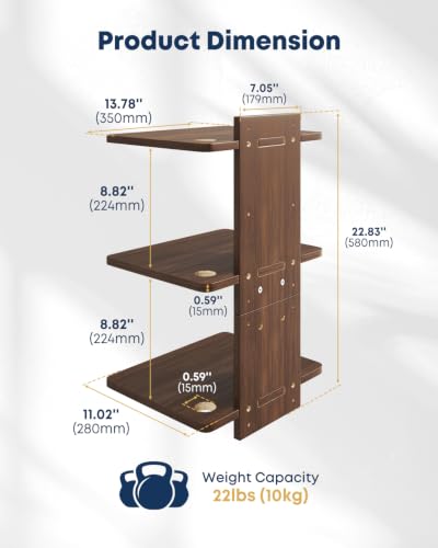 Floating TV Projector Shelf Wall Mount - 3 Tier Wooden Shelf, Walnut Brown - size: 3-Tier Shelf