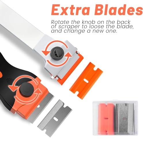 DEKEones Razor Blade Scraper Tool Set, 9 Pack Razor Scraper with 30 Plastic & 30 Metal Blades, Non Scratch Plastic Scrapers Tool for Stickers Label Grout Removal - color: Orange-3PCS