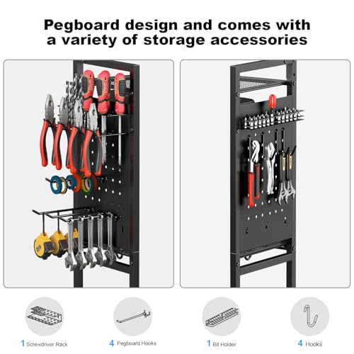 CCCEI Garage Power Tools Organizer Cart with Charging Station, Black Floor Standing Rolling Drill and Tools Battery Storage Cart on Wheels. Black Utility Rack Gift for Men, Husband, Father. - size: Large
