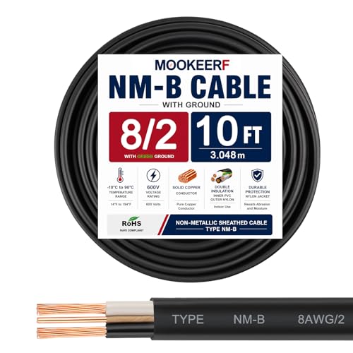 8/2 Wire with Ground - 10FT NM-B 8 Gauge Non-Metallic Sheathed Cable 100% Pure Copper 8 AWG 2 Conductor Residential Indoor Wire for Outlets, Switches, Other Loads and Lighting Wiring Projects etc. - size: 10FT, style: 8AWG/2