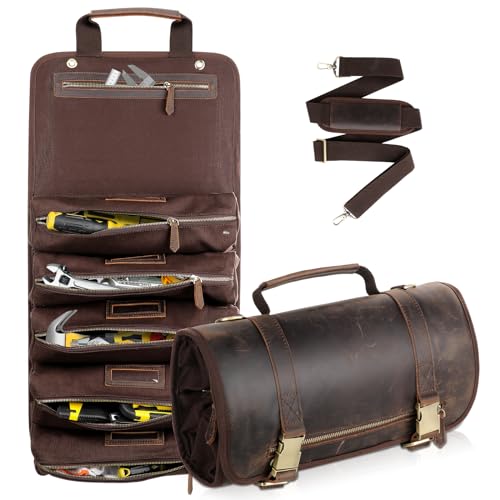 Leather Tool Bag Genuine Leather Tool Roll Bag Rolling Up Tool Bag with 6 Pockets Heavy Duty Roll Up Bag Organizer for Motorcycle Mechanic Electrician Woodworker Hobbyist"