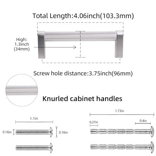 10 Pack 3-3/4 inch(96mm) Brushed Satin Nickel Kitchen Cabinet Handles Knurled Cabinet Pulls Silver Drawer Pulls Kitchen Cabinet Hardware Handles Drawer Pulls Dresser Handles - color: Brushed Satin Nickel, size: 3-3/4" Hole Center（96mm）