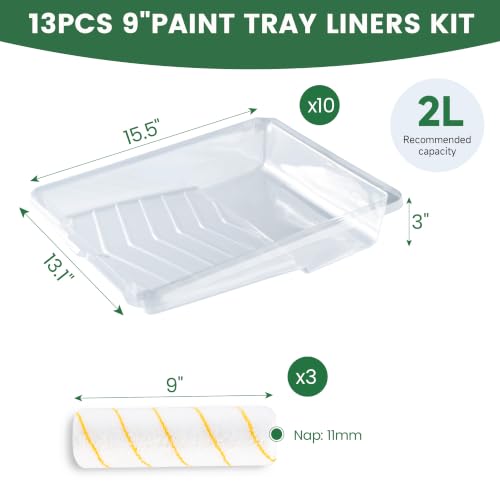 VOOMEY 13PCS 9 Inch Paint Roller Refill Pack, Microfiber Covers & Liners | Includes 3 Microfiber Roller Covers and 10 Tray Liners for Easy Cleanup and House Painting Projects - style: 10 pcs paint tray liners&3 paint roller