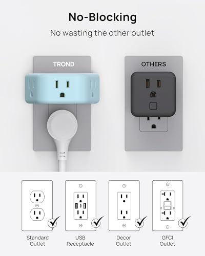 TROND Outlet Extender, No Blocking with 3 Way Angled, Mint Green - color: Mint Green, size: 3AC-3 Prong Plug, 1 Pack
