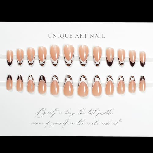 LPOODDNU Leopard Press on Nails Almond - Medium Fall Fake Nails with French Tip Designs, Glossy Finished Reusable False Nails with Double Adhesive Glue Tabs - 24Pcs Nail Kit for Women Manicure - color: leopard french tip