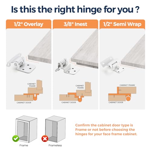 White Cabinet Hinges, 1/2 Inch Overlay, 10 Pack(5 Pairs) | Self-Closing Design, Semi-Concealed Face Frame Fit, Surface Mount, For Kitchen Doors, Cabinets, Hardware Updates - color: White