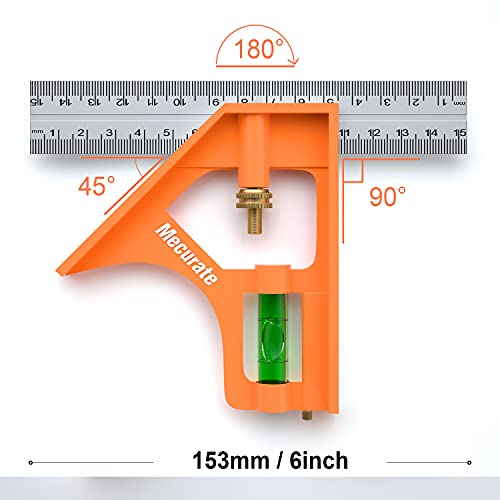 Mecurate 6-Inch Combination Square, Stainless Steel, 2 Pencils