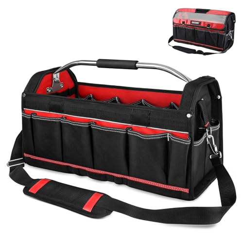 HAUTMEC 20" Heavy-Duty Open Top Tool Bag with Waterproof Clear Cover, Large Tool Tote with Rotating Handle, Rigid Frame, Wear-Resistant Hard Base & Padded Shoulder Strap – HT0296 - style: Tool Tote | Waterproof