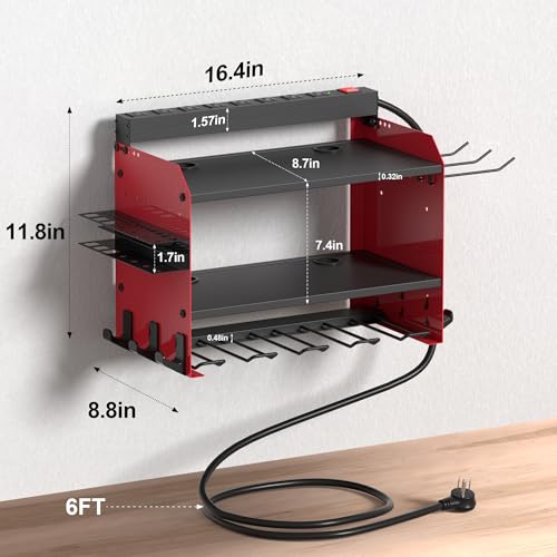 Power Tool Organizer Wall Mount with Charging Station, Garage Storage Rack for Cordless Drill, Tool Battery, Bit and Screwdriver, Utility Shelf with Power Strip and Hooks (3 Layer) - size: 3 layer