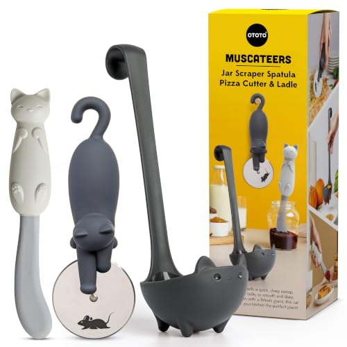 OTOTO Muscateers Bundle of Mary Cat, Katie, Kitty - Jar Scraper Spatula, Soup Ladle, Pizza Cutter - Cute Kitchen Accessories, Spooky Gothic Cat Gifts for Women, Kitchen Gifts, Halloween Gifts - color: Muscateers Bundle