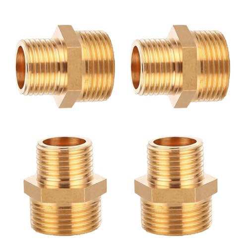 3/4" NPT to 1/2" NPT Brass Reducer Fitting, 4-Pack Solid Brass Hex Nipple | Solid forged brass, ASTM B584, 300 PSI rated. 3/4 male x 1/2 male NPT adapter for HVAC, pneumatic and air compressor systems - size: 3/4"NPT x 1/2" NPT Male