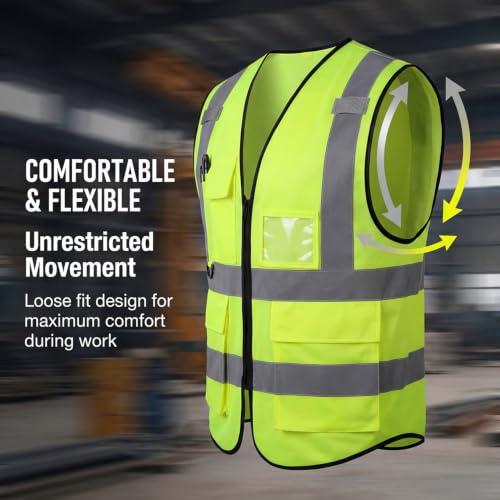 High Visibility Safety Vest with Reflective Strips & Pockets - color: Green, size: Large