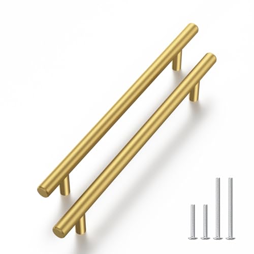 Haliwu 30 Pack 5in Gold Cabinet Handles for Kitchen Cabinet Handles | Stainless Steel, Gold Handles for Cabinets, Round T-Bar Shape, Brushed Gold Cabinet Pulls, Screws Included - size: 5-1/16 inch hole center