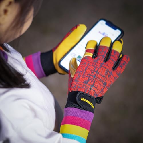 Kids Genuine Leather Work Gloves Age 2-12, Touchscreen, Reflective - color: Red, size: Medium (6-9 Years Old)