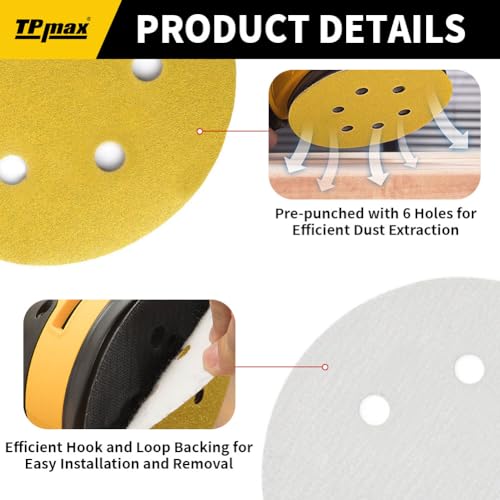 100PCS 6 Inch 600 Grit 150mm 6 Hole Sanding Discs Sandpaper - Premium Gold Round Hook and Loop for Random Orbital Sander - Ideal for Wood, Metal, Automotive - style: 600 Grit - 100 Pack