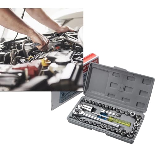 40-Piece 3/8-Inch Ratchet Socket Wrench Set with Storage Case, Includes 1/4-Inch & 3/8-Inch Drive SAE and Metric Sockets, Spinner Handle and Extension Bar for Auto Repair and Home Maintenance
