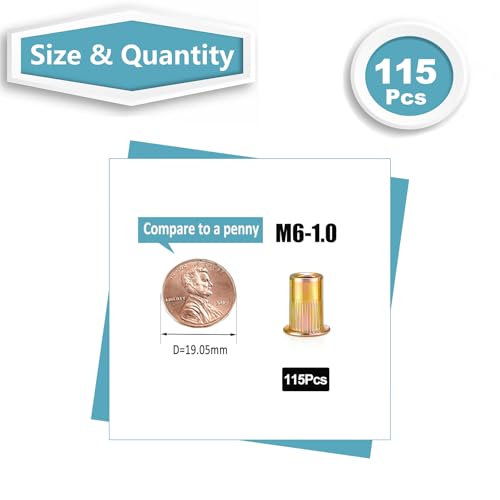 M6 Rivet Nuts 115Pcs,Carbon Steel Galvanized Rivnuts, Threaded Insert RIV nut, Flat Head M6 Rivet NutsertS - size: Metric M6 115Pcs