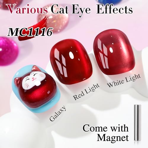 Double Rhythm Jelly Glass Cat Eye Gel Polish with Magnet 15ML Holographic Glitter Shimmer Translucent Sheer Color Magnetic Nail Polish Salon DIY at Home (Red-MC1116) - color: Glass Red