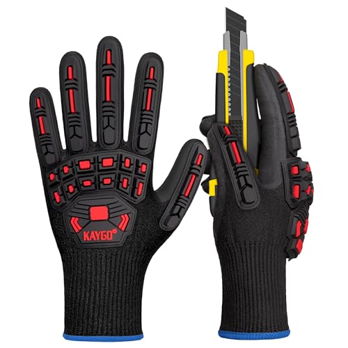 KAYGO TPR Impact Resistant Work Gloves for Men, MicroFoam Nitrile Coated | ANSI Cut Resistant Level A3, Anti-Abrasion & Firm Grip, TPR Back Impact Guard, for Mechanics, Construction, Glass Handling - size: Medium