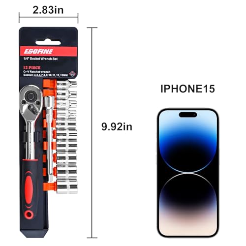 Egofine 12pcs 1/4 Inch Mini Ratchet Socket Wrench Set, Drive Socket Set with 10 Sockets (4-13mm) and 2 Way Quick Released Ratchet Handle and Extension Bar - color: 12pc Standard Socket Set, size: 1/4