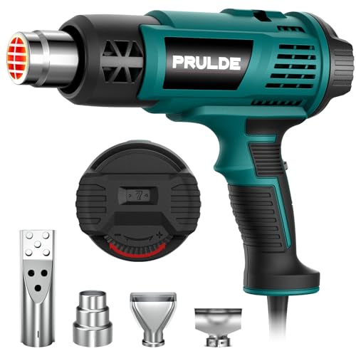 Heat Gun - PRULDE Dual Protection Fuses 1500W Heavy Duty Fast Heat Hot Air Gun with 122℉ to 1202℉ Dual-Temperature Settings and 4 Nozzles with Overheat Protection for Crafts, Vinyl Wrap, Shrink Tubing