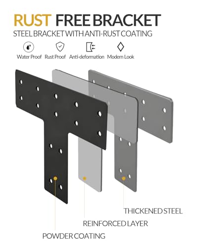 6 Pcs Heavy Duty T Plate Brackets, 12"x8" Black T Shape Mending Plate, 0.12" (3mm) Thick Steel Flat Bracket for 4x4 6x6 Wood Post to Beam, Truss Framing, Pergola & Furniture Repair - size: 6 Pack, style: Standard T-Plate