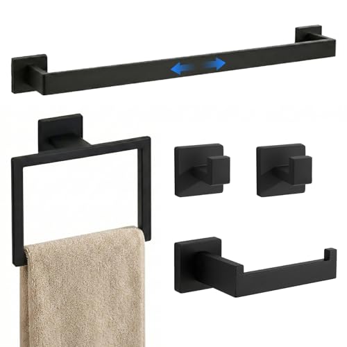 5-Pieces Matte Black Bathroom Accessories Set, 24 Inch Bath Towel Bar Set, SUS 304 Stainless Steel Bathroom Hardware Set, Towel Racks for Bathroom Wall Mounted - color: H-24 Matte Black