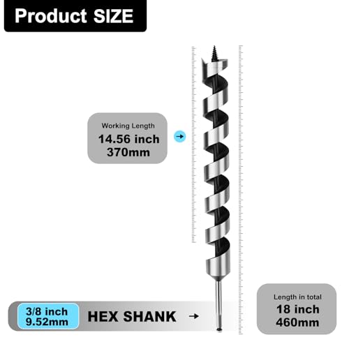 1-1/2" X 18" Auger Bit for Wood, 38x460mm Hex Long Auger Drill Bit | 3/8" Hex Shank,for Hard Wood,Ship, Composite Materials, Drywall and DIY Projects - size: 1-1/2" (38mm)diameter, style: 18 inch / 460mm Length
