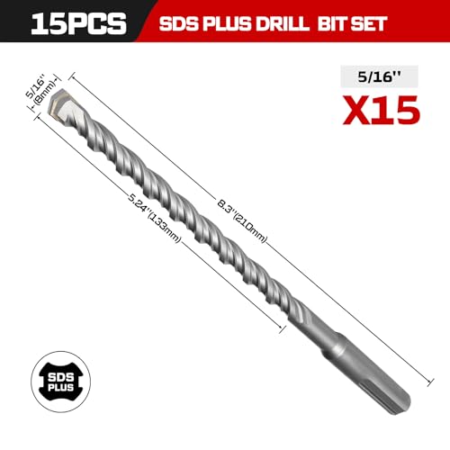 Geinxurn 5/16" x 8" SDS Plus Rotary Hammer Drill Bits, 15PCS Double Thread Masonry Drill Bits Set Carbide Tipped, Drilling in Brick, Stone and Concrete, Cement Walls - size: SDSBIT051608-015