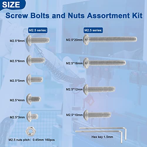 NINDEJIN 322 Pcs M2.5 Small Metric Button Head Socket Cap Screws Bolts Set - size: 322Pcs M2.5 3mm-20mm