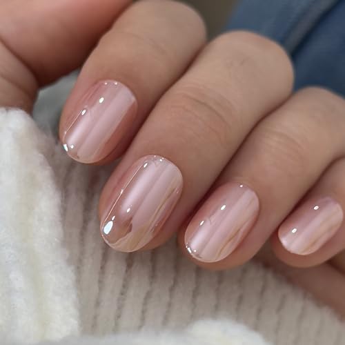 CurvLife Short Oval Chrome Nude Press On Nails, Champagne Pearl, Soft Gel - color: A1 - Champagne Pearl