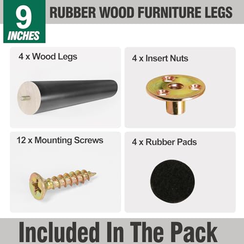 FoDau770 Rubber Wood Legs 9", Slant Taper, 5/16"-18 Thread, Black, 4pcs | Wood Couch legs - Mid Century Sofa Legs - Furniture legs Replacement for Cabinet Dresser Chair Ottoman - color: Black, size: 9 Inch - Slanted (80°)