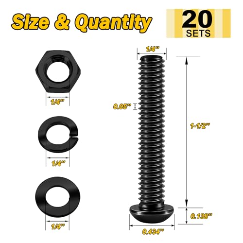 Mywish 20Set Black Oxide Stainless Steel Nut and Bolt Kit, 1/4-20 Button Head Socket Cap Bolts, Allen Screws, Hex Spanner - color: Black, size: 1/4-20 x 1-1/2"