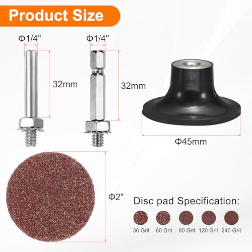 HARFINGTON 53pcs Quick Change Discs Set 1.8" Lock Sanding Discs with 1/4" Shank Pad Holder 36/60/80/120/240 Grit Surface Conditioning for Polish Rust Removal - size: 2"