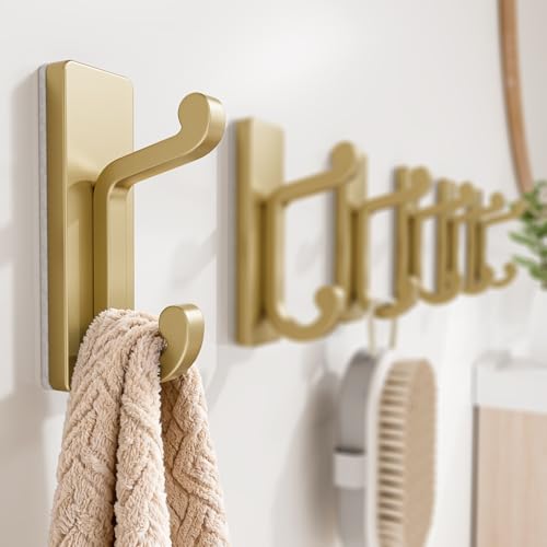 Gold Self Adhesive Wall Hooks for Coats - StainlessDouble Hook. - color: Gold, size: 6 Pack