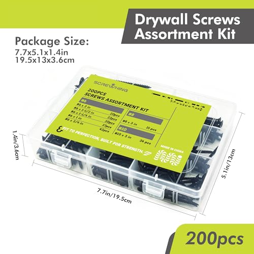 Wood Screws Assortment Kit, 200PCS High Hardness Phillips Bugle Head Drywall Screws Set, Coarse Thread & Black Oxide, 7 Sizes (3″, 2″, 1-1/2″, 1-1/4″, 1″, 3/4″), Ideal for Woodworking/Household/DIY