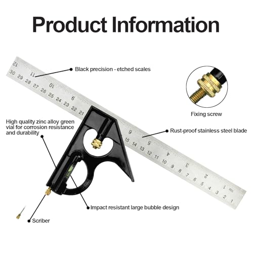Combination Square Carpentry Tools with Metal-Body, Stainless Steel Blade Ruler, Accurate Woodworking Measure Square with Carpenter - color: Green