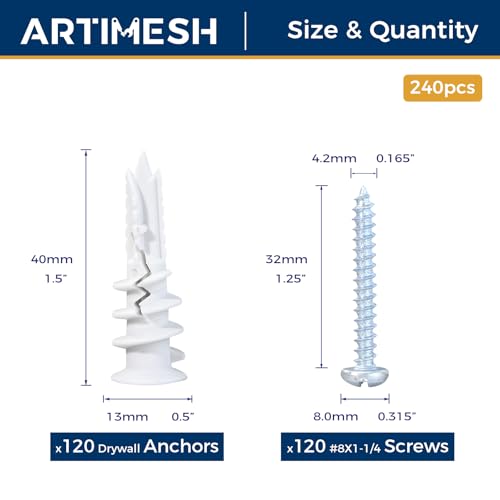 8# 240PCs Self Drilling Drywall Anchors Kit - 75LB Heavy Duty Plastic Drywall Hangers with 120 Self-Tapping Screws - Mounting Hardware for Sheetrock Anchors