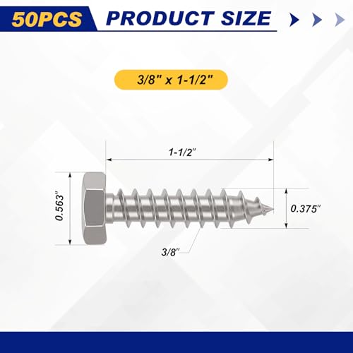 Zonon 50 Pcs 3/8'' X 1-1/2'' Hex Head Lag Bolts Screws with Washers, Silver - color: Silver, size: 3/8'' X 1-1/2''