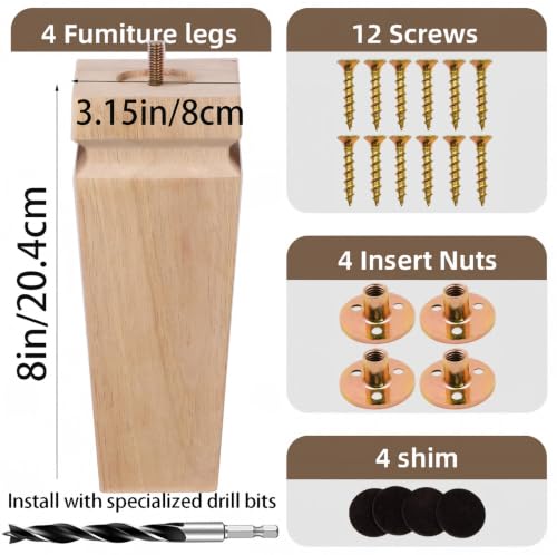 Unfinished Oak Sofa Legs-Heavy Duty Mid Century (Natural 8"H*3.15"W) - color: Plain Wood Color, size: 8"H*3.15"W