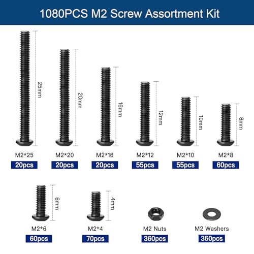 1080PCS M2 Screw Assortment Kit, M2x4/6/8/10/12/16/20/25mm M2 Screw Kits | 10.9 Grade Alloy Steel Metric Hex Button Head Cap Screws, Nuts and Flat Washers for 3D Printing (1080PCS - M2) - size: M2