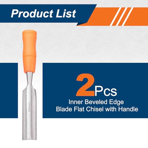HARFINGTON 2pcs Wood Chisel 15/16" Carbon Steel Inner Beveled Edge Blade Wood Working Flat Chisel with Plastic Non-Slip Handle for Woodworking Carving DIY Projects, Orange - size: 15/16"