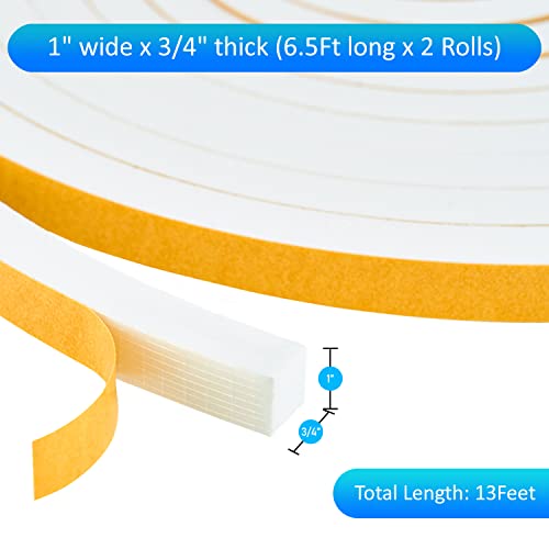High Density Foam Weather Stripping Door Seal Strip Insulation Tape Roll for Insulating Door Frame, Window, Air Conditioner | Self Adhesive Sealing Weatherstrip (White, 1 in 3/4 in x 13 Ft) - color: White, size: 1 In x 3/4 In x 13 Ft