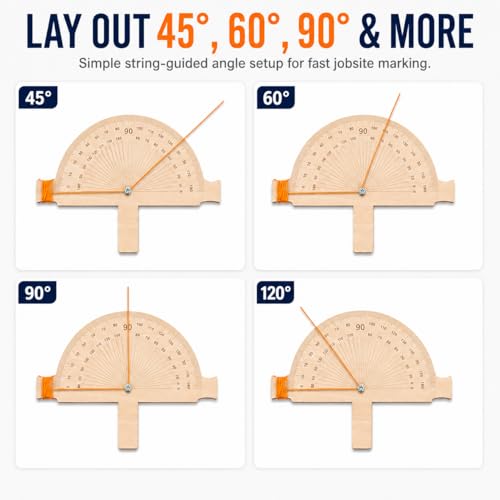 Wooden Angle Finder Tool with Orange String Line, 12" x 10" Birch Plywood Angle Ruler Protractor, 5mm Degree Finder for Construction Layout, Fencing, Foundation Marking, Welding, Pipelining & DIY