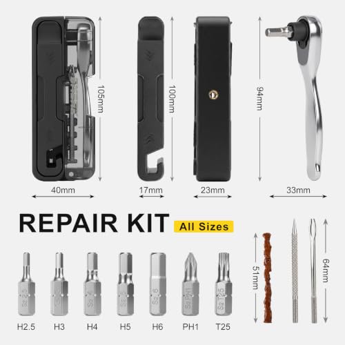 EMERK Bike Repair Tool Kit with Ratchet Wrench, 7 bits & 2 Tire Levers | Portable bike multi tool with Tubeless Tire Repair Plugs for fast repairs on road, mountain and e-bikes.